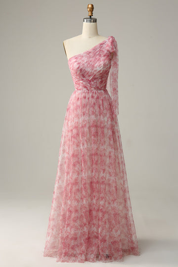 Red A Line One Shoulder Floor Length Print Tulle Bridesmaid Dress